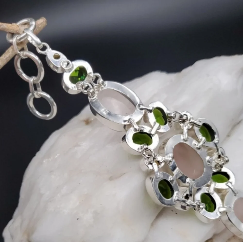 Genuine Rose Quartz Peridot Lemon Quartz Rhodium/925 Silver Bracelet